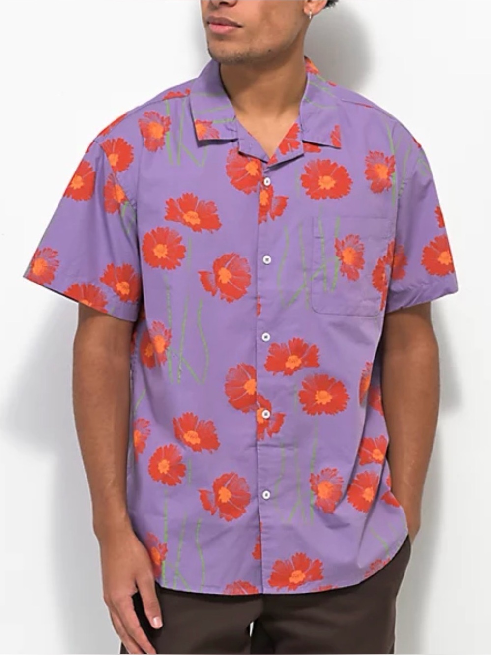 OBEY Marino Woven Shirt Lavender Multi Red Daisy Floral Organic Cotton Men’s Med